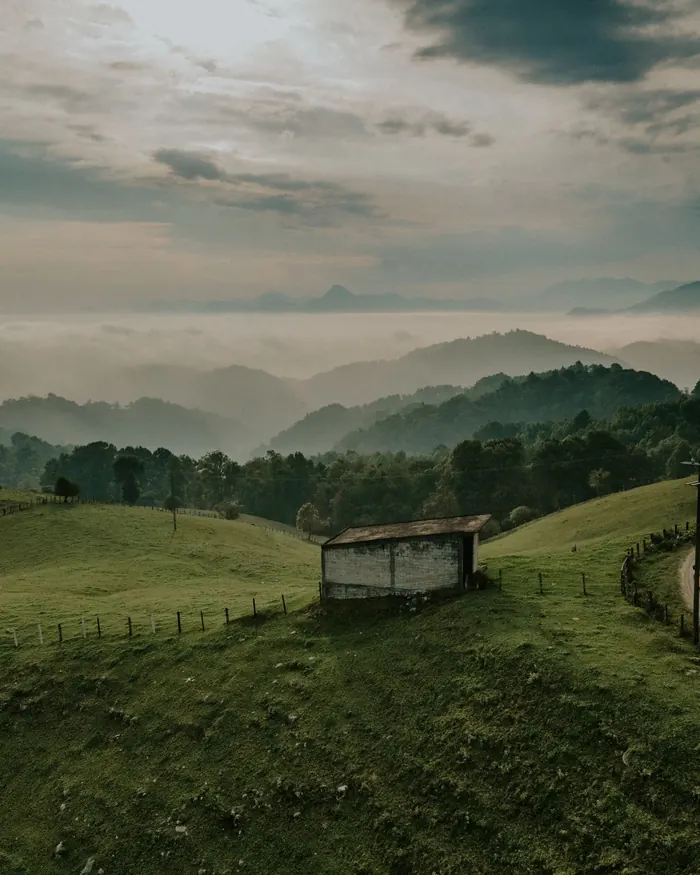 Rolling green hills with a wooden hut under a misty sky